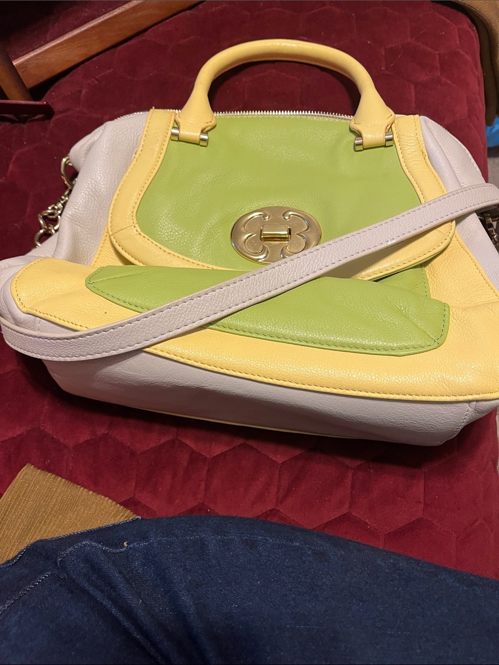 Colorblock Lime & Yellow Leather Satchel with Gold Emblem